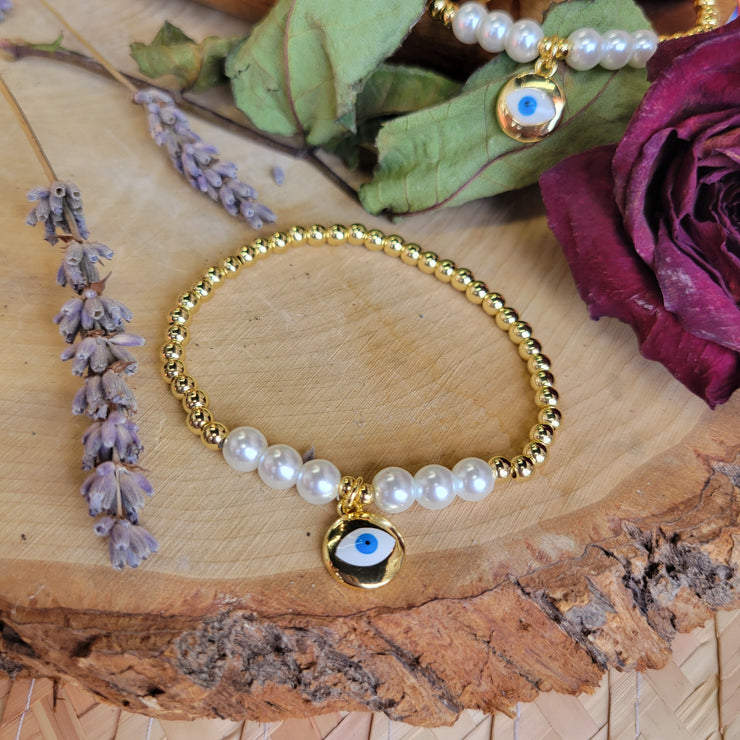 Pearl Evil Eye Bracelet (Gold)