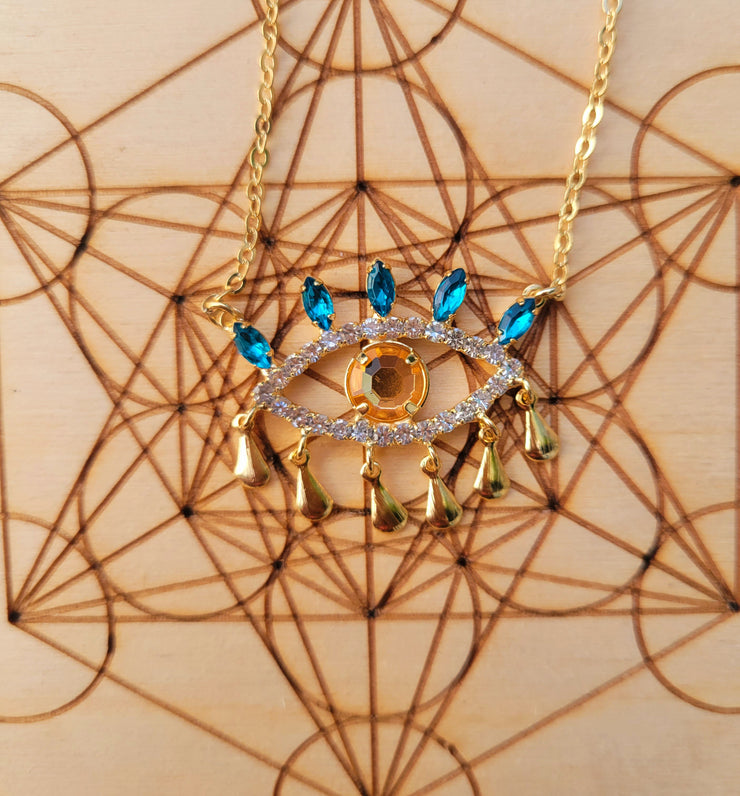 Evil Eye Pendant With Blue CZ Stones and Rolo Chain Necklace