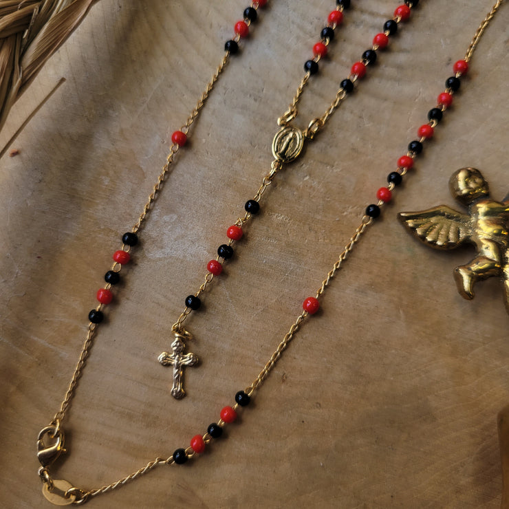 18K Gold Filled Red And Black Bead Rosary With Crucifix Cross